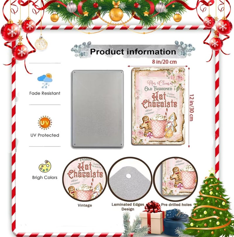 Joyline Vintage Christmas Decor Gifts Rustic Mrs Claus' Old Fashioned Hot Chocolate Tin Sign for Home Farmhouse Kicthen Cafe Bar Wall Decor 8 x 12 inches (3236) - Image 2